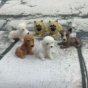 Dog Figures Tiny Mini Lot of 6 Small Rubber Puppies White Brown Gray Diorama